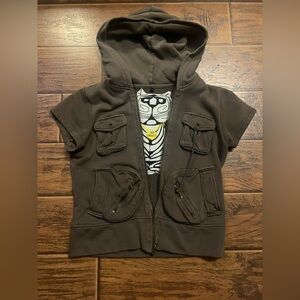 Vintage Y2K bb Dakota olive Short Sleeve Hooded zip up Sweatshirt